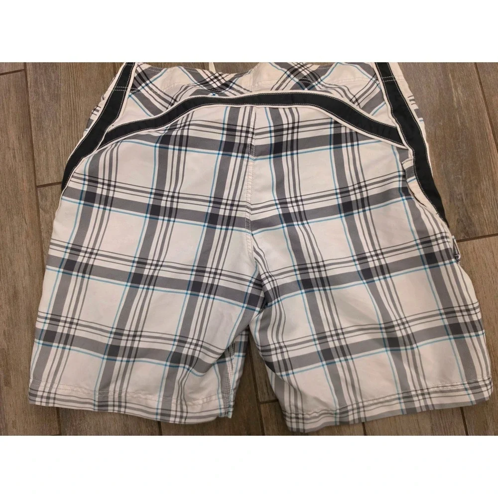 American Eagle Mens Board Shorts XL Plaid White Black Blue Swim Trunks 54485